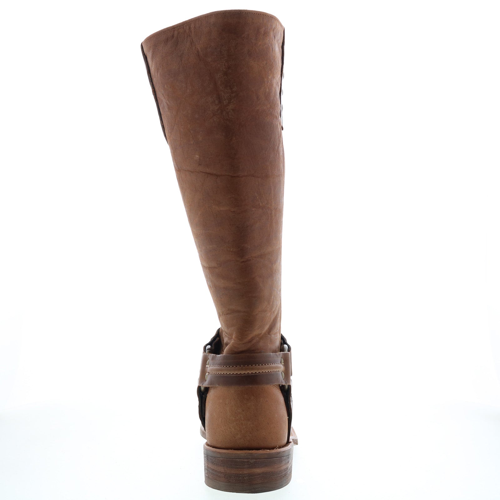 Women's brown knee high western boots with studded ankle straps and low block heel