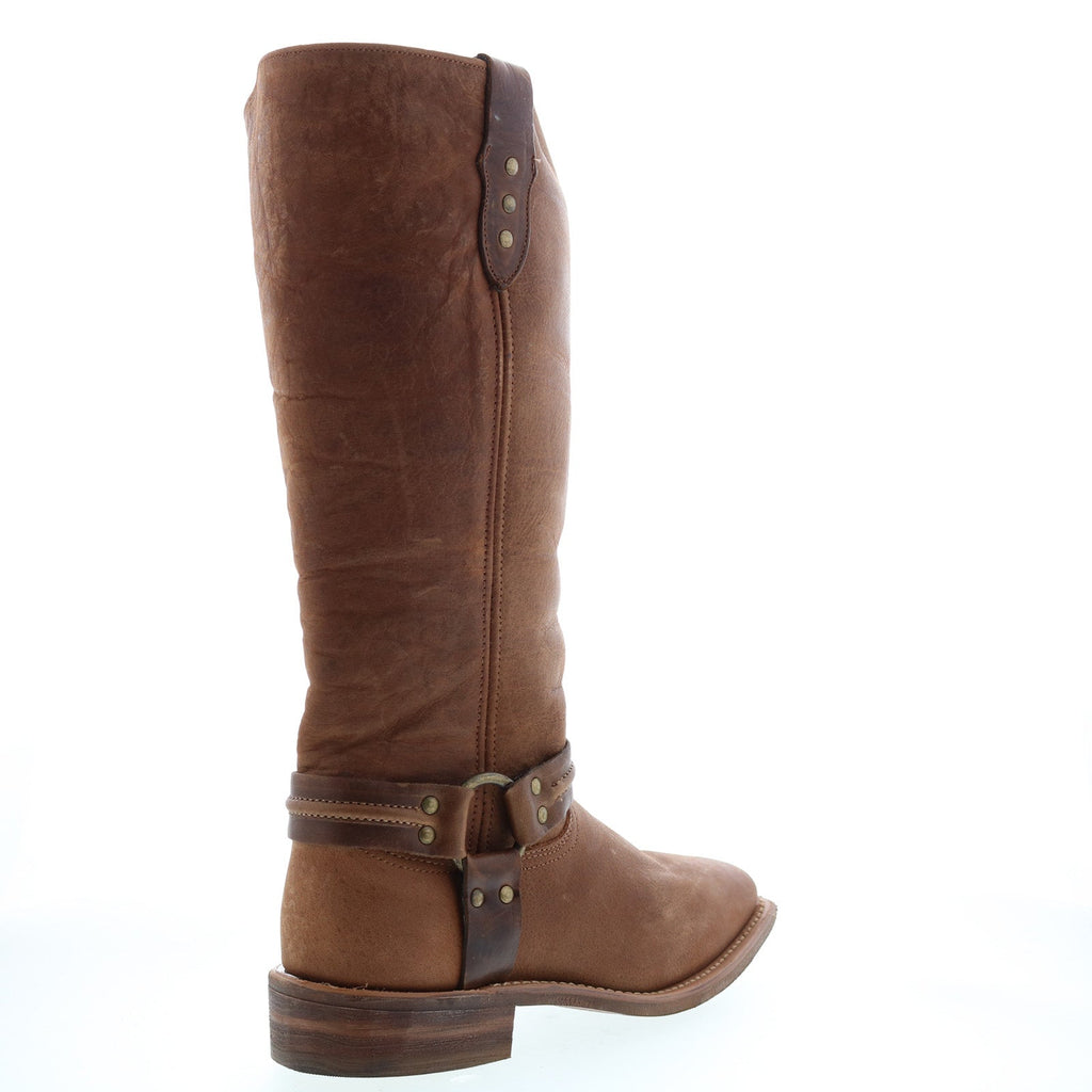 Women's brown knee high western boots with studded ankle straps and low block heel