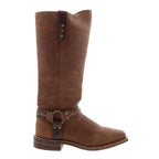 Women's brown knee high western boots with studded ankle straps and low block heel