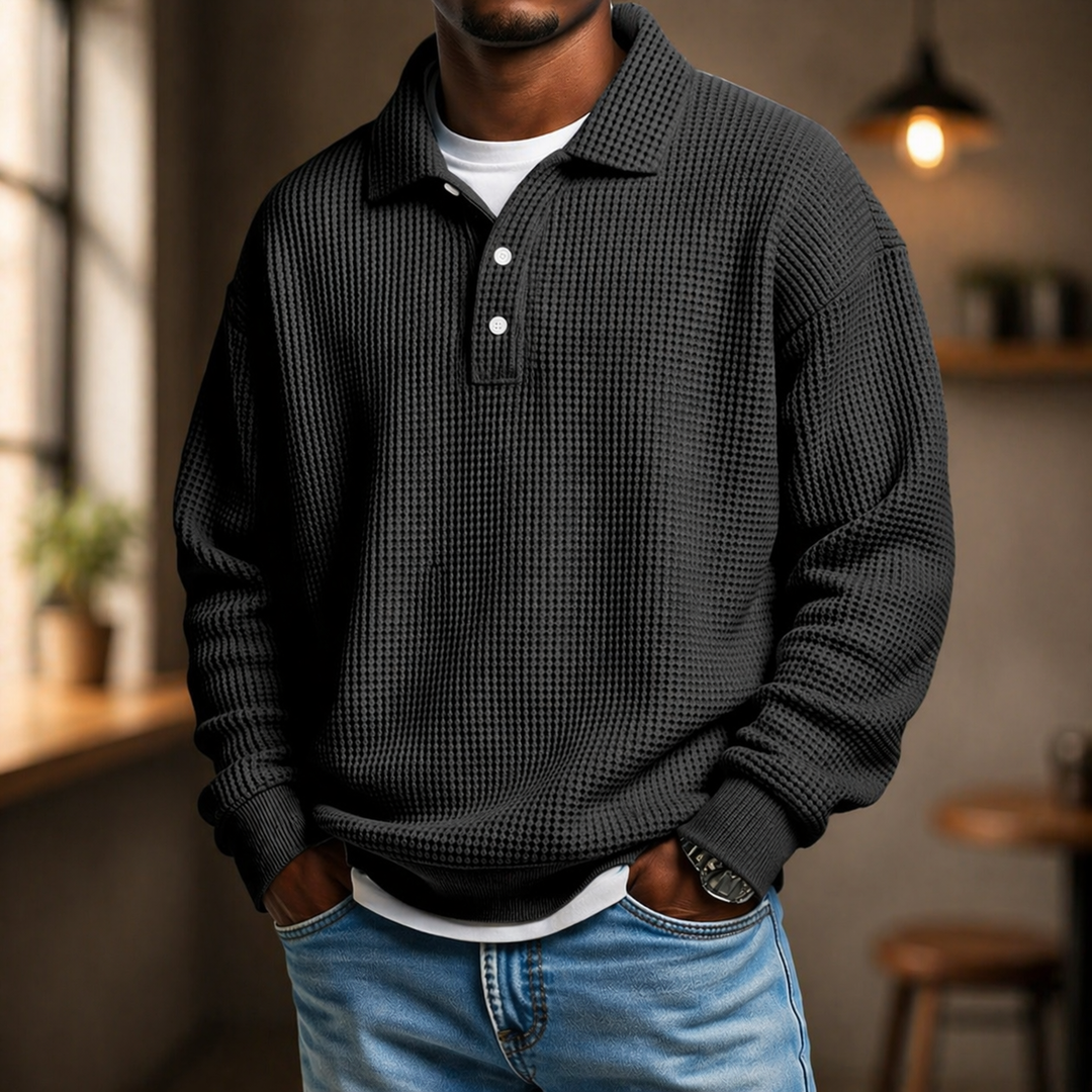 Men's textured long-sleeve polo knit sweater with button placket