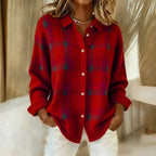 Women's checked button-front sweater with collar and ribbed trims