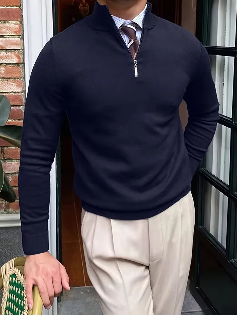 Men's stand-collar half-zip sweater with long sleeves and ribbed trims