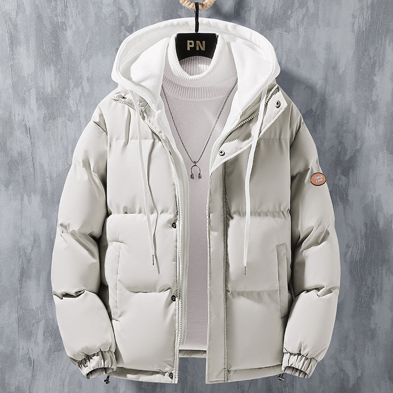 Men's hooded quilted puffer jacket with long sleeves and front zip fastening