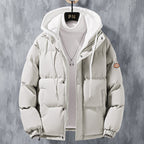 Men's hooded quilted puffer jacket with long sleeves and front zip fastening
