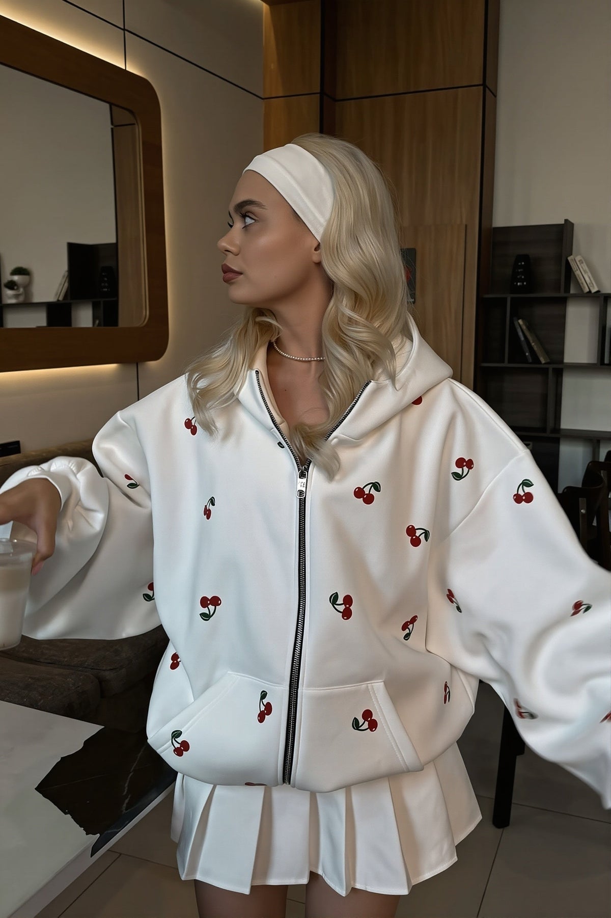 Women's oversized zip hoodie with repeated cherry print, hood and front pocket