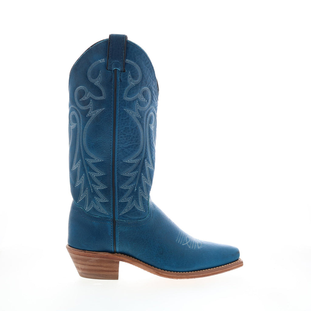 Women's blue cowboy boots with embroidered western detailing and mid heel