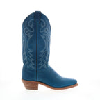 Women's blue cowboy boots with embroidered western detailing and mid heel