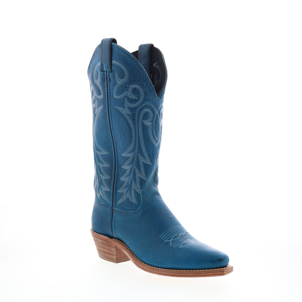 Women's blue cowboy boots with embroidered western detailing and mid heel