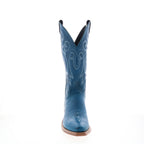 Women's blue cowboy boots with embroidered western detailing and mid heel