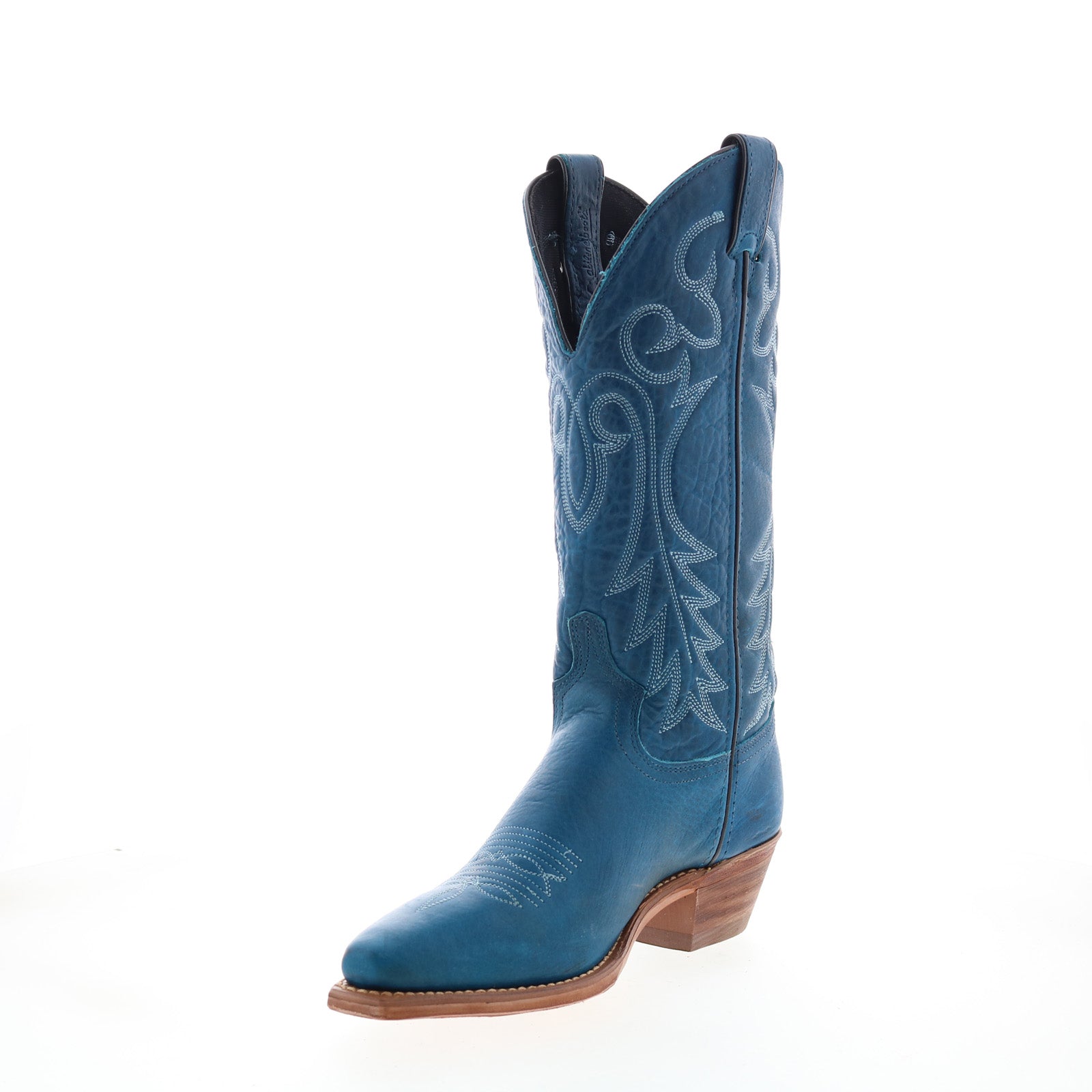 Women's blue cowboy boots with embroidered western detailing and mid heel