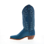 Women's blue cowboy boots with embroidered western detailing and mid heel