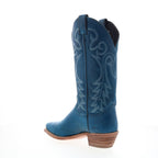 Women's blue cowboy boots with embroidered western detailing and mid heel