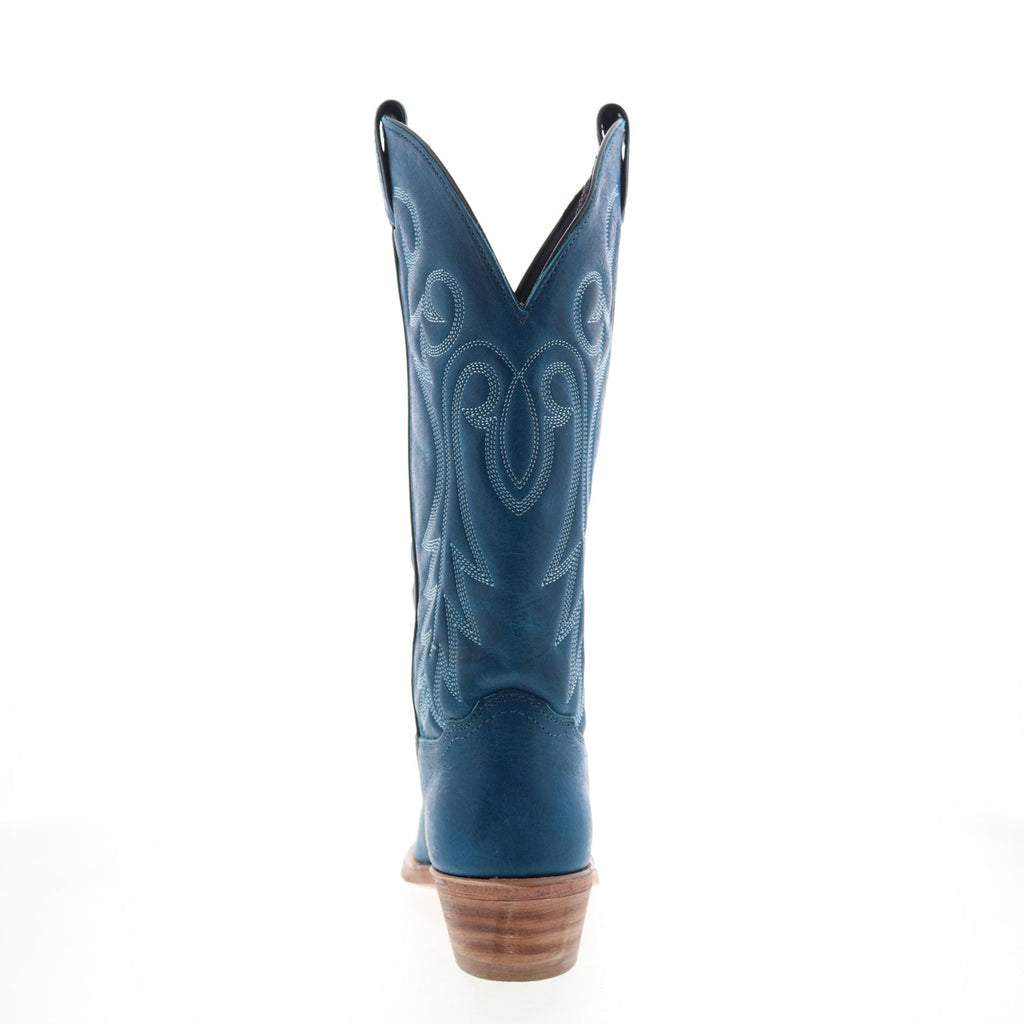 Women's blue cowboy boots with embroidered western detailing and mid heel