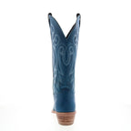 Women's blue cowboy boots with embroidered western detailing and mid heel