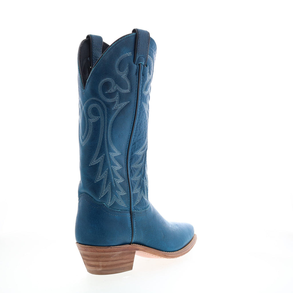 Women's blue cowboy boots with embroidered western detailing and mid heel