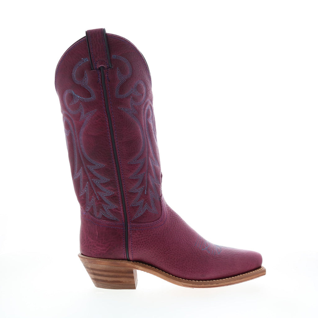 Women's purple embroidered cowboy boot with pointed toe and mid heel