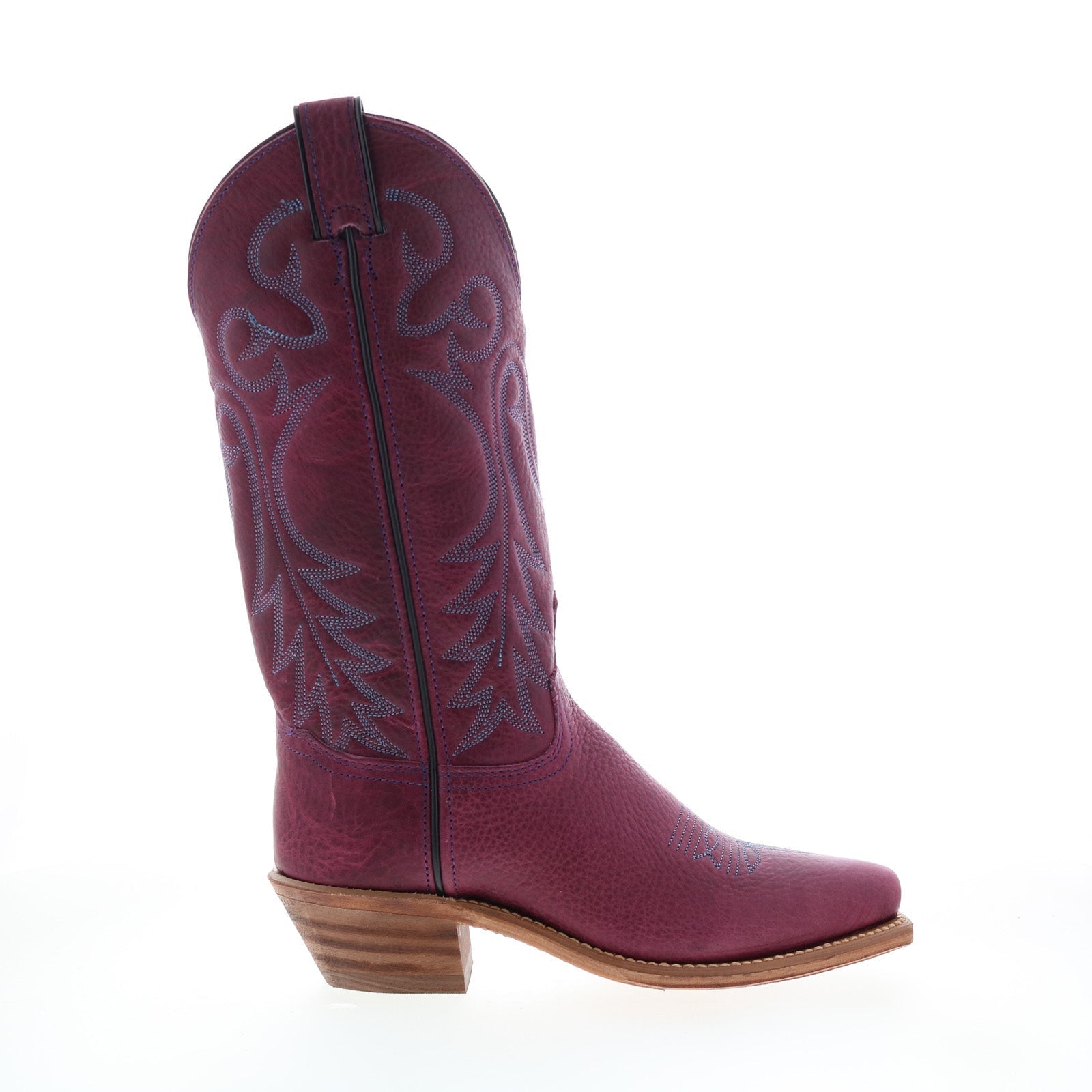 Women's purple embroidered cowboy boot with pointed toe and mid heel