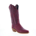 Women's purple embroidered cowboy boot with pointed toe and mid heel