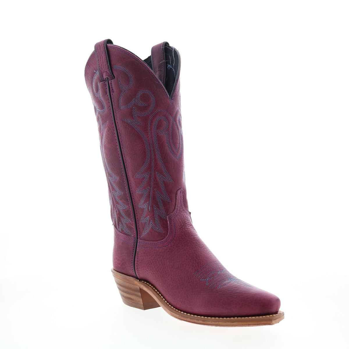Women's purple embroidered cowboy boot with pointed toe and mid heel