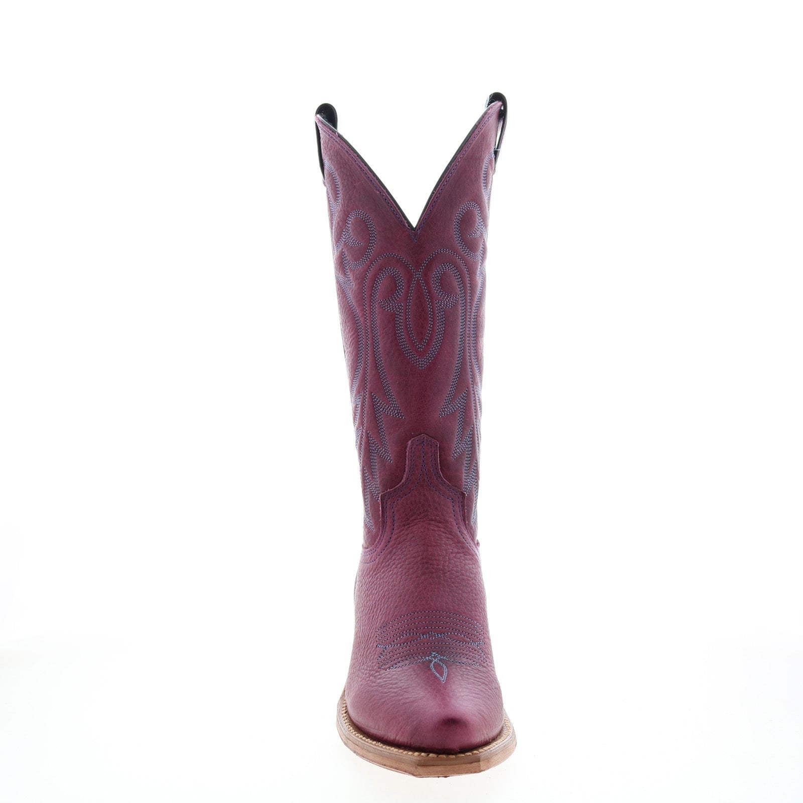 Women's purple embroidered cowboy boot with pointed toe and mid heel