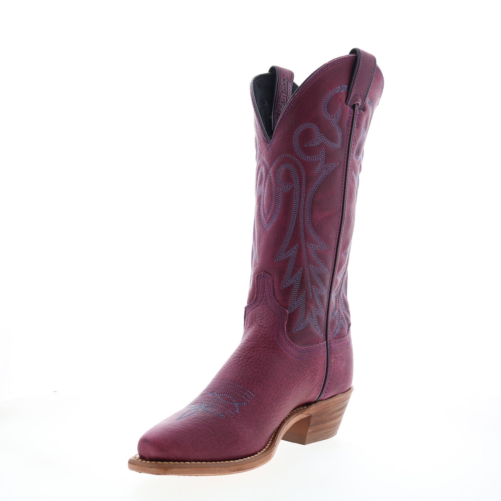 Women's purple embroidered cowboy boot with pointed toe and mid heel