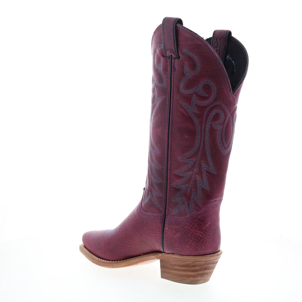 Women's purple embroidered cowboy boot with pointed toe and mid heel