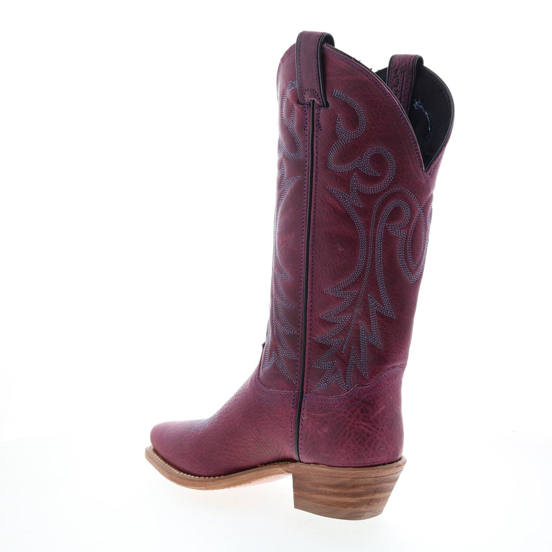 Women's purple embroidered cowboy boot with pointed toe and mid heel