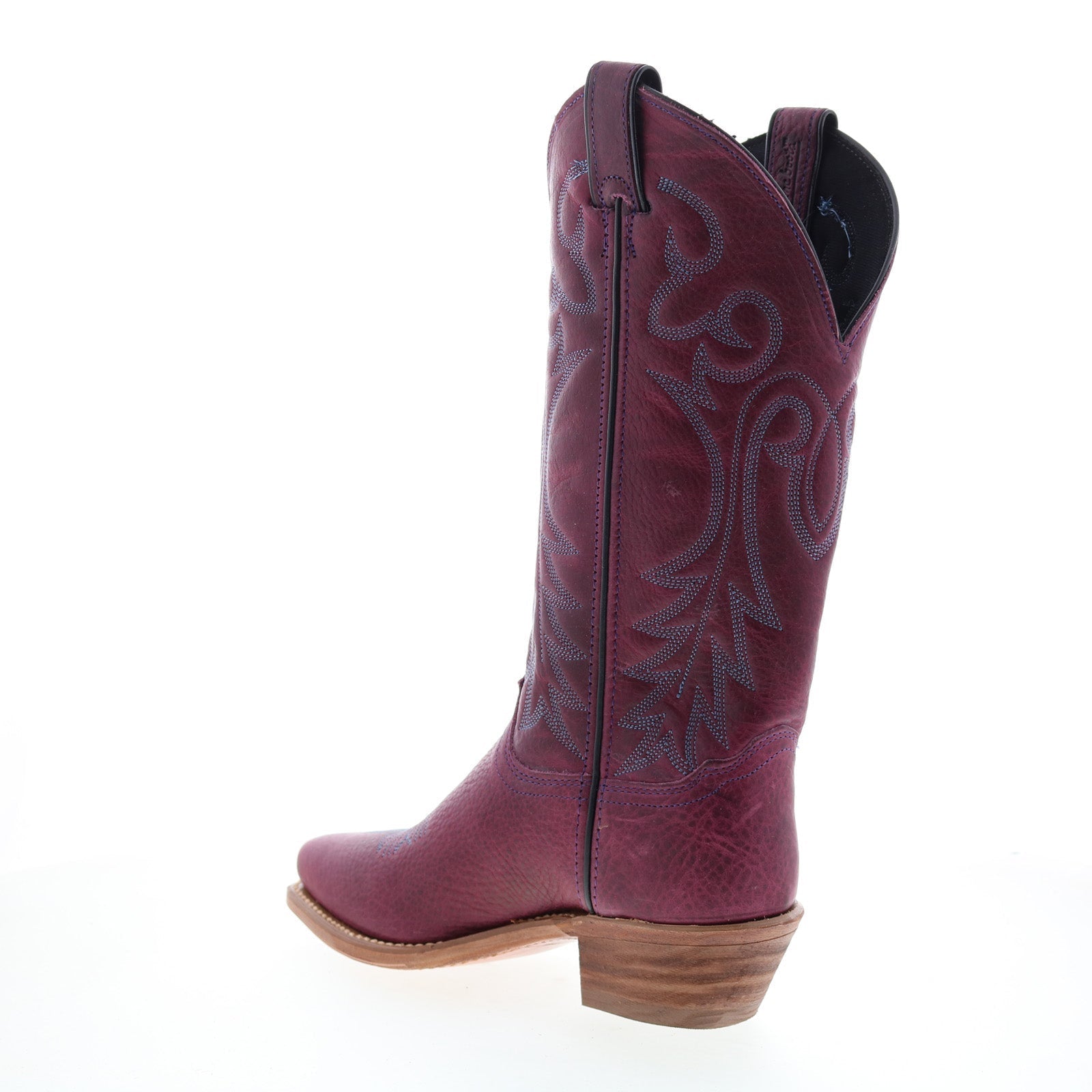 Women's purple embroidered cowboy boot with pointed toe and mid heel