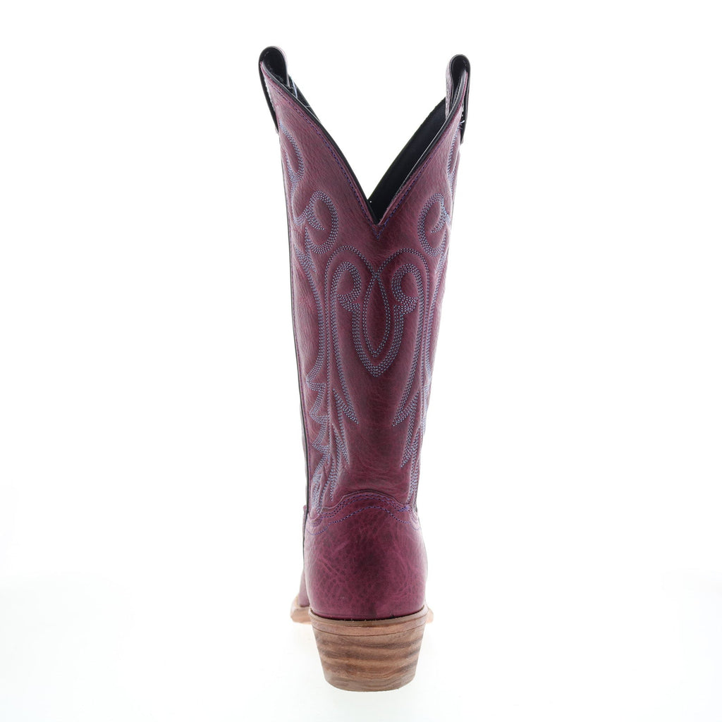 Women's purple embroidered cowboy boot with pointed toe and mid heel