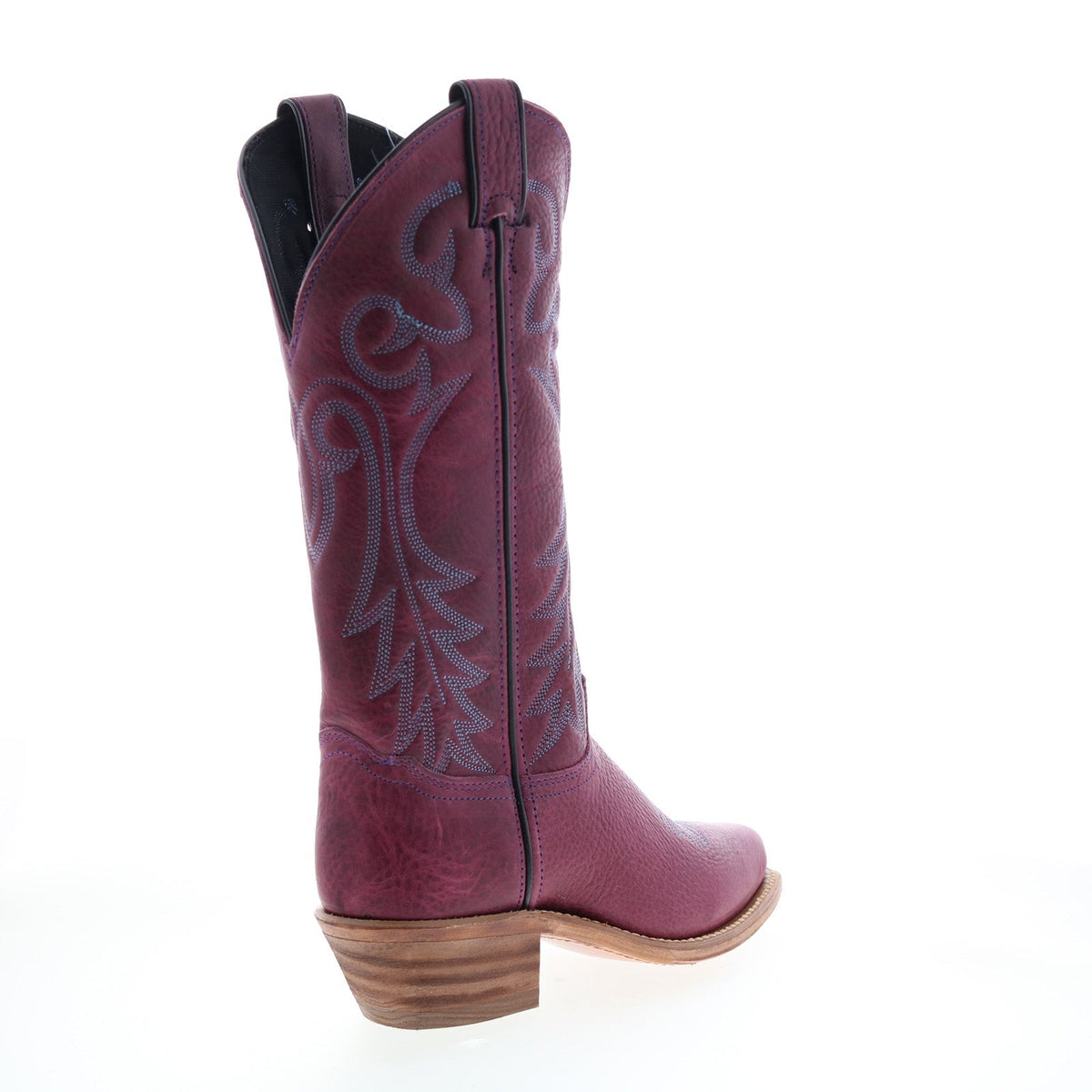 Women's purple embroidered cowboy boot with pointed toe and mid heel