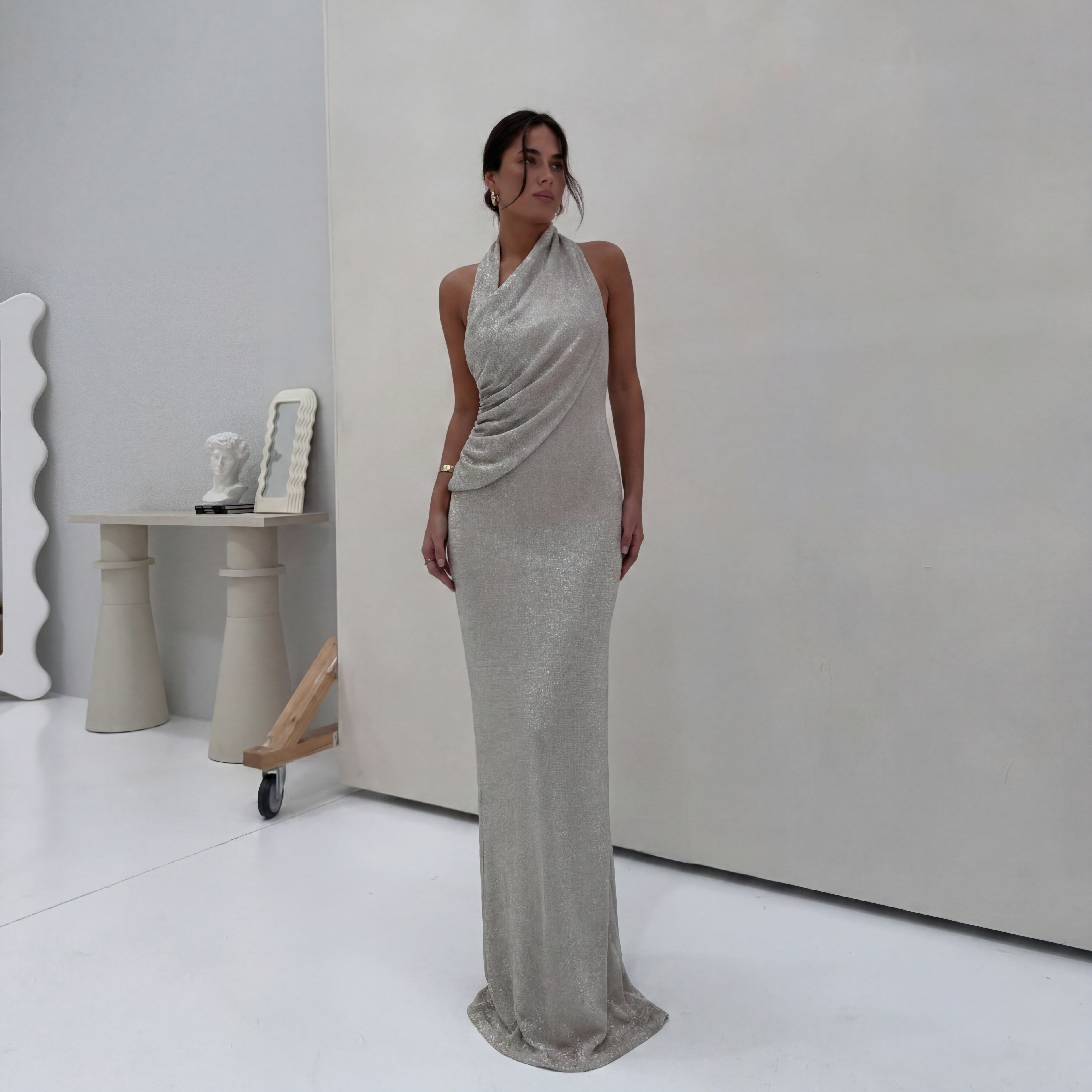 Women's silver halter maxi dress with wrap front and shimmer finish