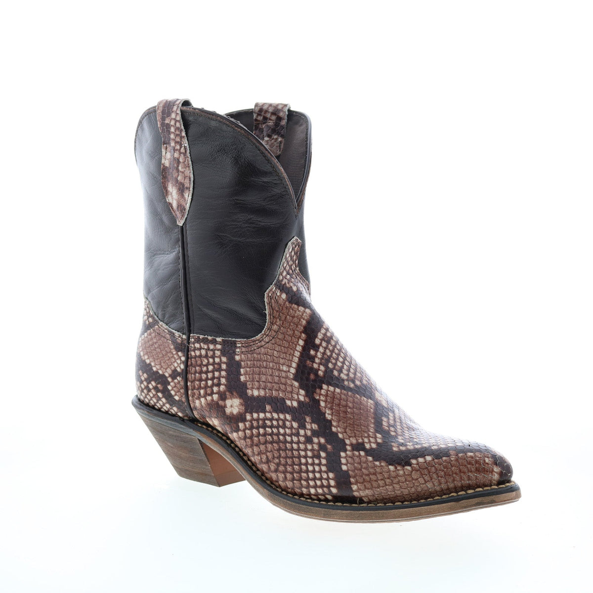Women's brown snakeskin-pattern western cowboy boots with pointed toes