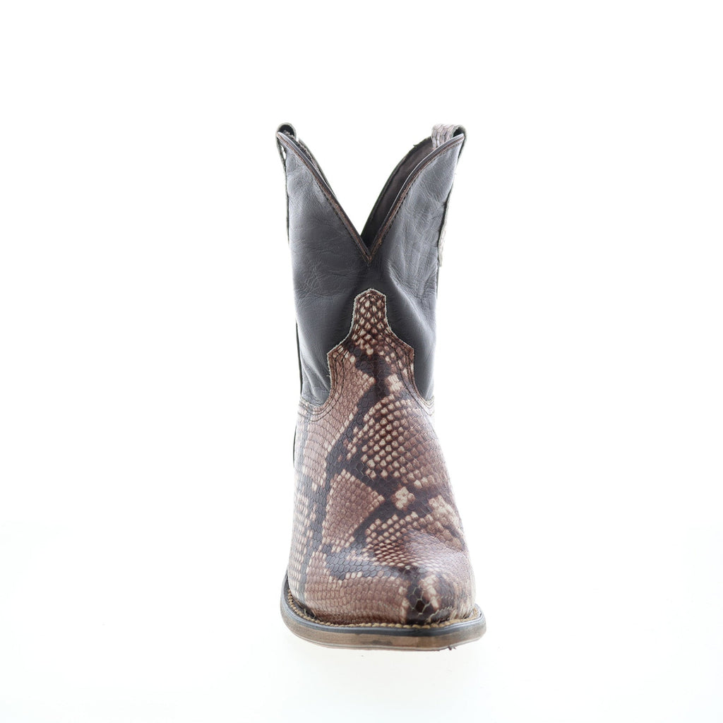 Women's brown snakeskin-pattern western cowboy boots with pointed toes