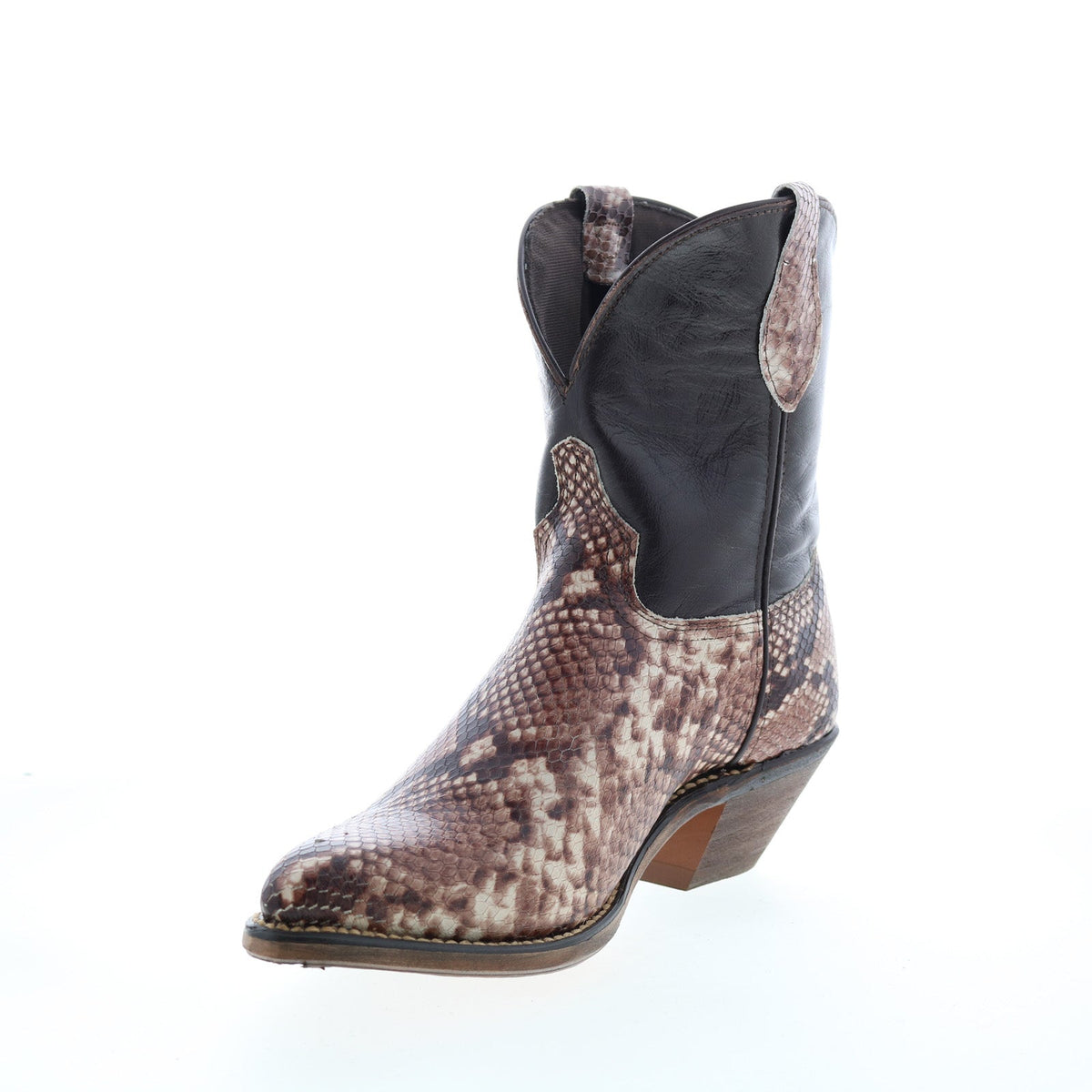 Women's brown snakeskin-pattern western cowboy boots with pointed toes