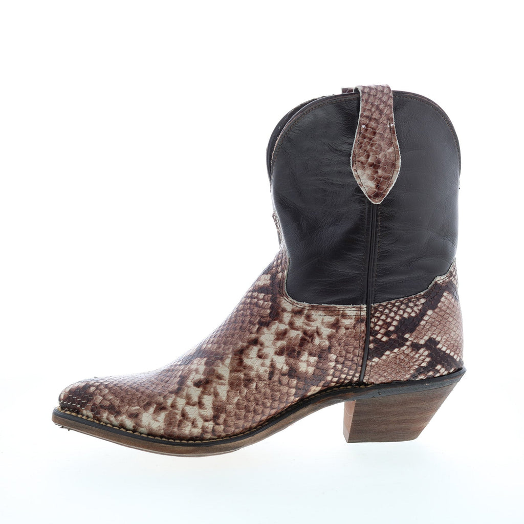 Women's brown snakeskin-pattern western cowboy boots with pointed toes