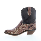 Women's brown snakeskin-pattern western cowboy boots with pointed toes