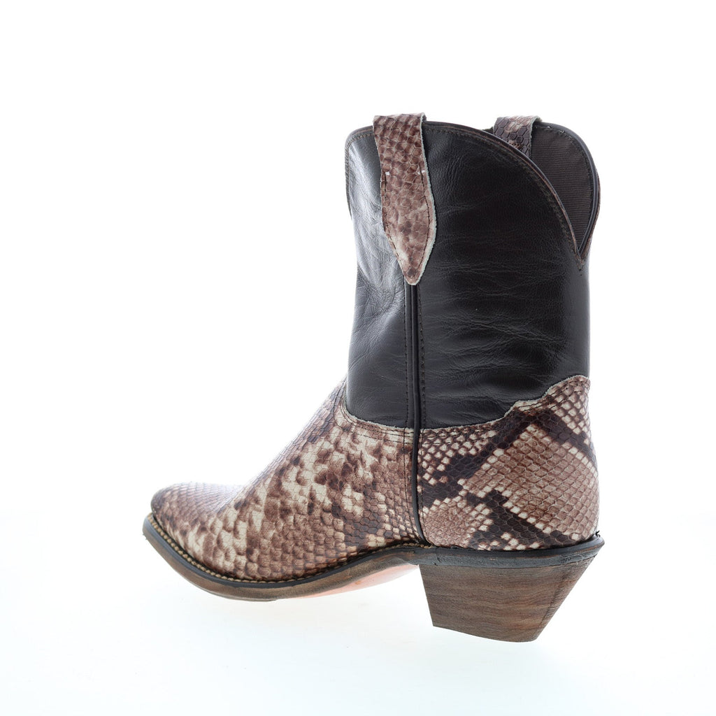 Women's brown snakeskin-pattern western cowboy boots with pointed toes