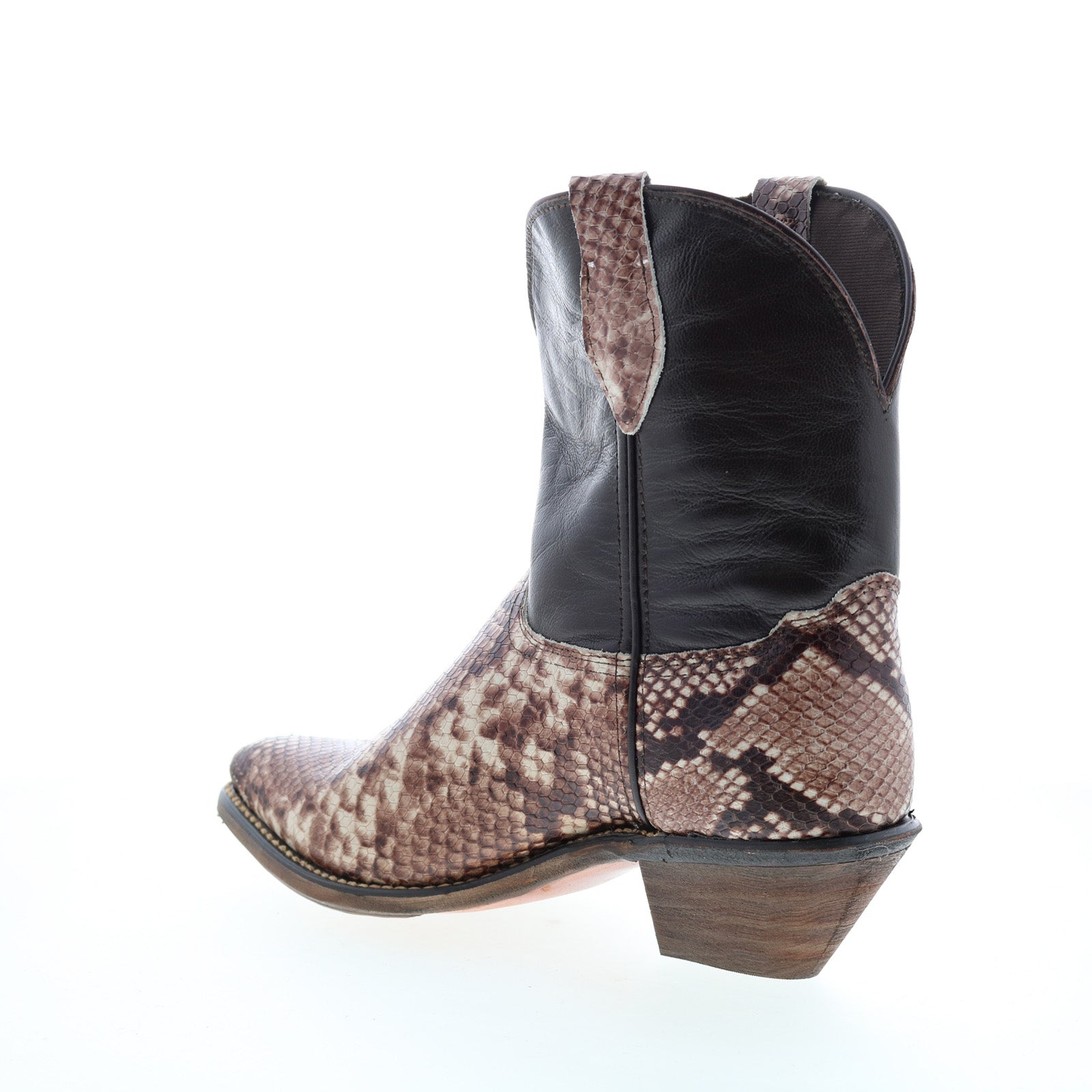 Women's brown snakeskin-pattern western cowboy boots with pointed toes