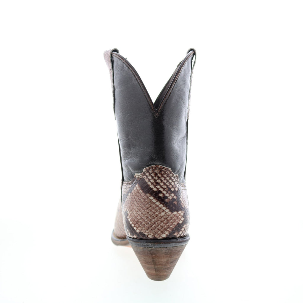 Women's brown snakeskin-pattern western cowboy boots with pointed toes