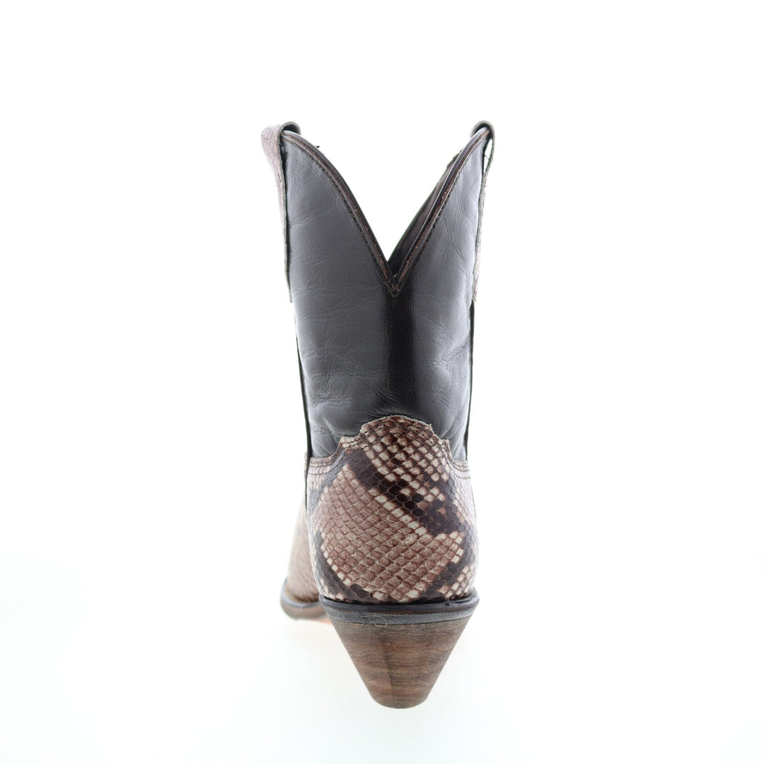 Women's brown snakeskin-pattern western cowboy boots with pointed toes