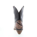 Women's brown snakeskin-pattern western cowboy boots with pointed toes