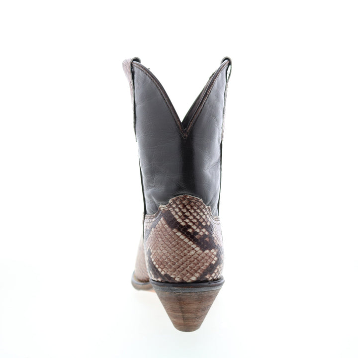 Women's brown snakeskin-pattern western cowboy boots with pointed toes