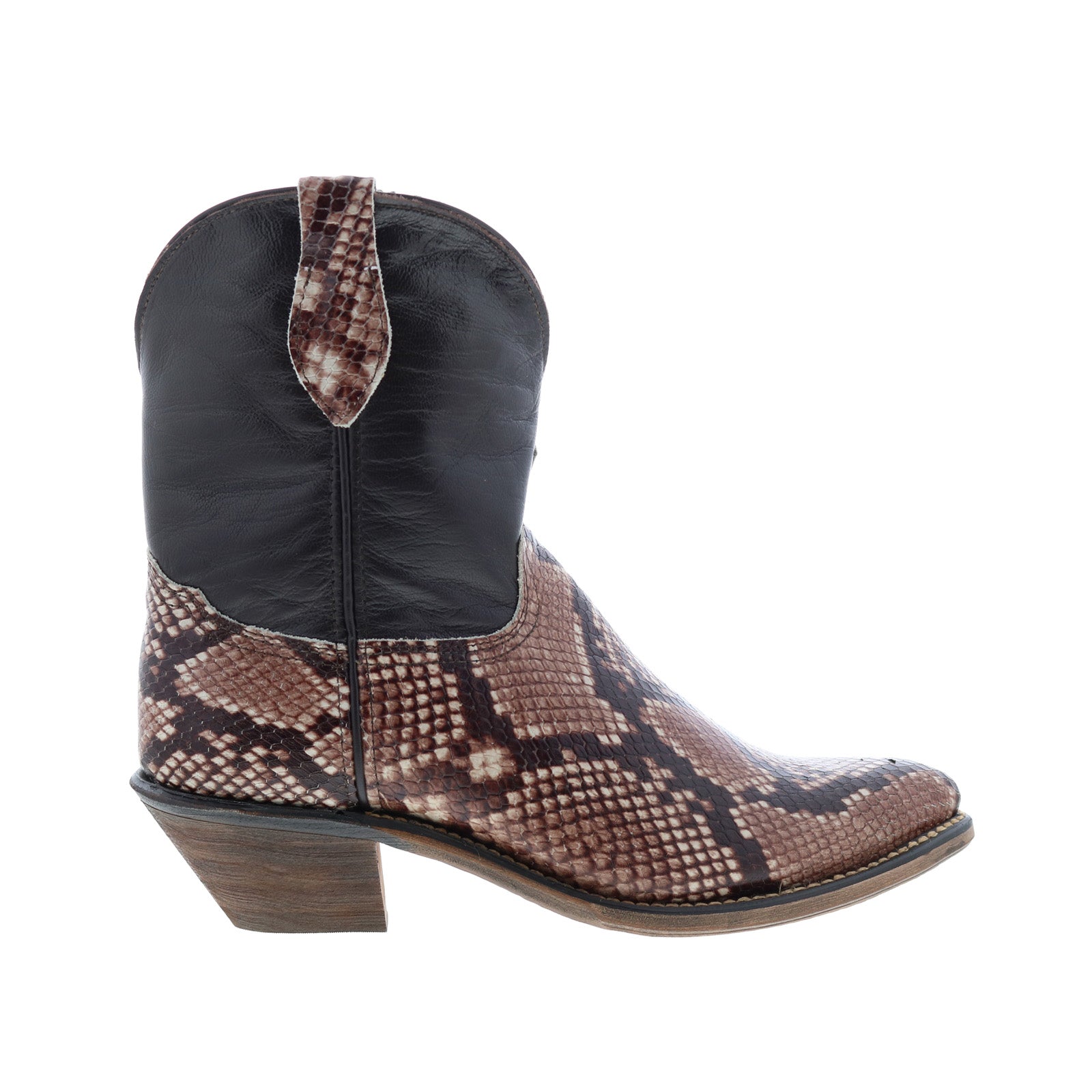 Women's brown snakeskin-pattern western cowboy boots with pointed toes