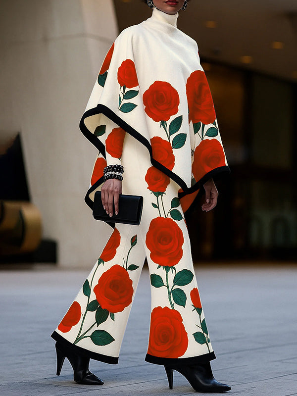 Women's floral cape outfit set with red roses and wide-leg trousers