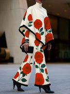 Women's floral cape outfit set with red roses and wide-leg trousers