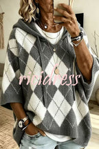 Women's argyle hooded knit sweater with 3/4 sleeves