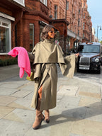Women's beige belted trench coat with cape overlay and long sleeves
