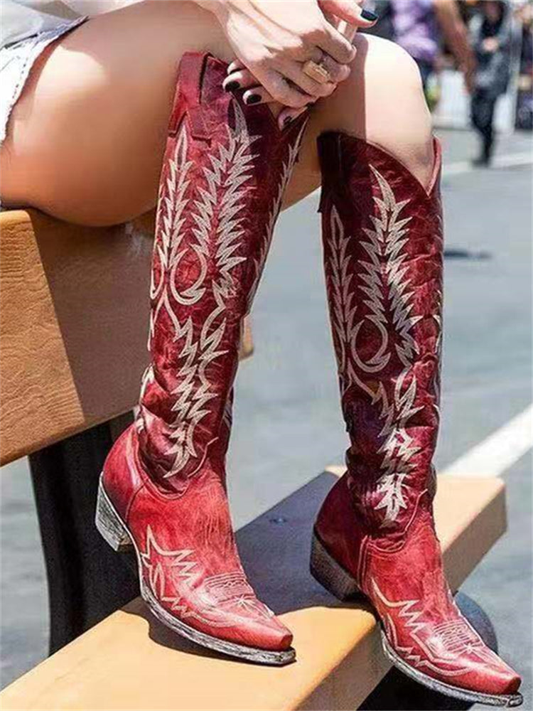 Women's knee-high Western cowboy boots with embroidered shafts
