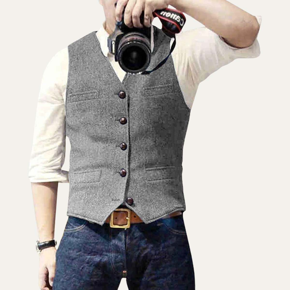 Men's sleeveless textured vest with V-neckline, buttons and front welt pockets