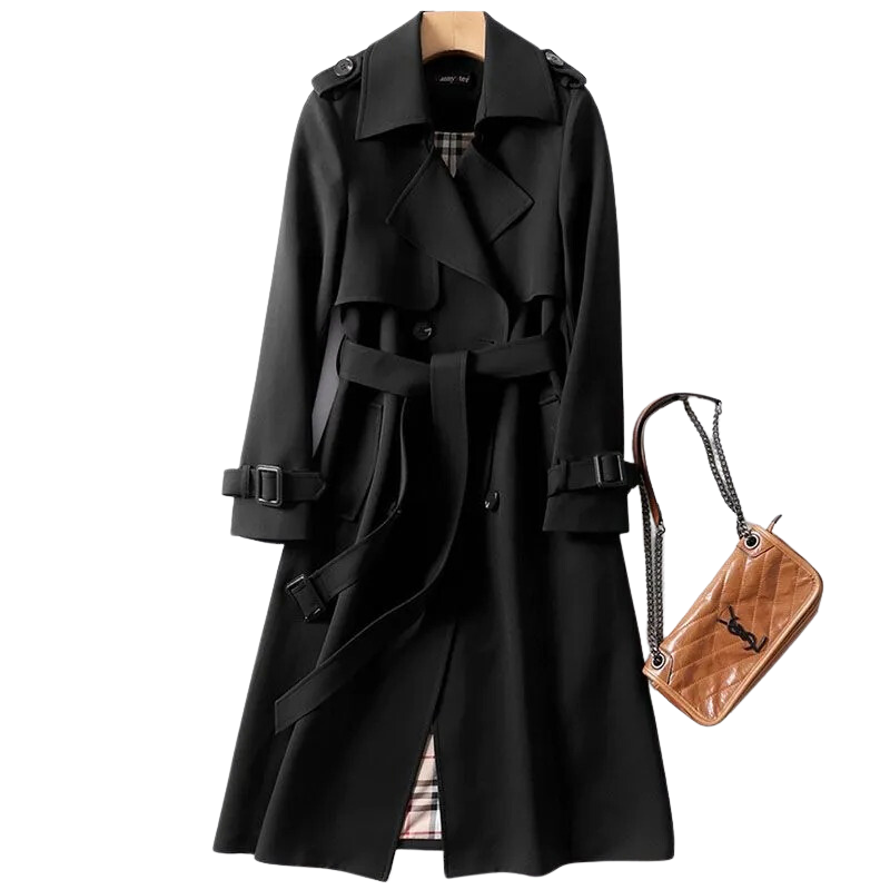 Women's long belted trench coat with double-breasted buttons, lapels and cuff straps